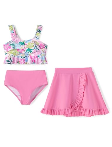 PATPAT Mädchen Bikini Badeanzüge Set, 3-teiliges Tankini-Set mit Top, Shorts Und Baderock Bademode, Kinder Badebekleidung mit Blumenmuster Schwimmanzug, Größe 5–12 Jahre von PATPAT