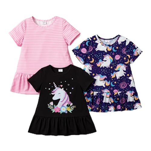 PATPAT Mädchen Kleid Set, Packung mit 3 Sommerkleider mit Kurzen Ärmeln und Rüschen in 3 verschiedenen Prints, Hochzeit Geburtstag Party Bankett Urlaub, Prinzessin Kleider für Mädchen 2-7 Jahre von PATPAT