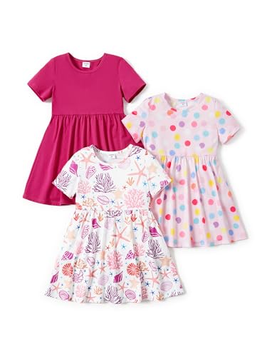 PATPAT Mädchen Kleid Set, Packung mit 3 Sommerkleider mit Kurzen Ärmeln und Rüschen in 3 verschiedenen Prints, Hochzeit Geburtstag Party Bankett Urlaub, Prinzessin Kleider für Mädchen 2-7 Jahre von PATPAT