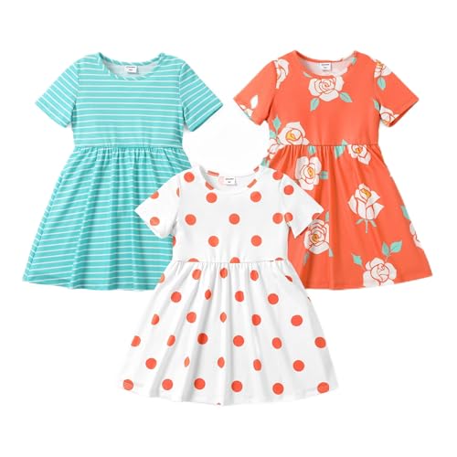 PATPAT Mädchen Kleid Set, Packung mit 3 Sommerkleider mit Kurzen Ärmeln und Rüschen in 3 verschiedenen Prints, Hochzeit Geburtstag Party Bankett Urlaub, Prinzessin Kleider für Mädchen 2-7 Jahre von PATPAT