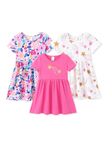 PATPAT Mädchen Kleid Set, Packung mit 3 Sommerkleider mit Kurzen Ärmeln und Rüschen in 3 verschiedenen Prints, Hochzeit Geburtstag Party Bankett Urlaub, Prinzessin Kleider für Mädchen 2-7 Jahre von PATPAT