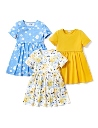 PATPAT Mädchen Kleid Set, Packung mit 3 Sommerkleider mit Kurzen Ärmeln und Rüschen in 3 verschiedenen Prints, Hochzeit Geburtstag Party Bankett Urlaub, Prinzessin Kleider für Mädchen 2-7 Jahre von PATPAT