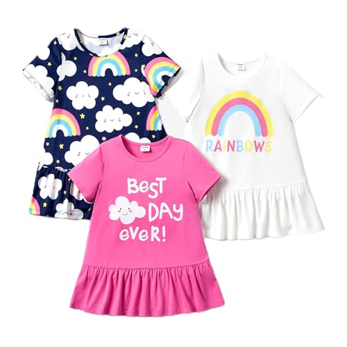 PATPAT Mädchen Kleid Set, Packung mit 3 Sommerkleider mit Kurzen Ärmeln und Rüschen in 3 verschiedenen Prints, Hochzeit Geburtstag Party Bankett Urlaub, Prinzessin Kleider für Mädchen 2-7 Jahre von PATPAT