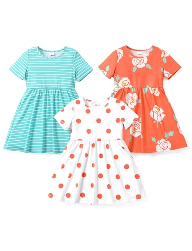 PATPAT Mädchen Kleid Set, Packung mit 3 Sommerkleider mit Kurzen Ärmeln und Rüschen in 3 verschiedenen Prints, Hochzeit Geburtstag Party Bankett Urlaub, Prinzessin Kleider für Mädchen 2-7 Jahre von PATPAT