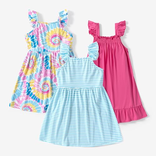 PATPAT Mädchen Kleid Set Packung mit 3 Sommerkleider Ärmellos Rüschen Prinzessinkleider für Geburtstag Party Bankett und Urlaub, A-Linien-Form und Knielänge, Größe 2-12 Jahre von PATPAT