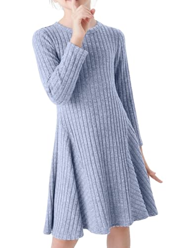 PATPAT Langarm Pulloverkleid für Mädchen, Elegant Prinzessin Kleid, Einschulung Partykleid Herbst Winter, Blau, 6-7 Jahre von PATPAT