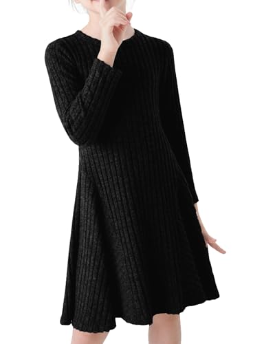 PATPAT Mädchen Langarm Pulloverkleid, Elegant Prinzessin Kleid für Mädchen, Einschulung Partykleid Mädchenkleider Herbst Winter, Kleid Mädchen, Schwarz, 10-11 Jahre von PATPAT