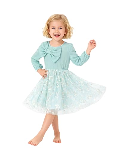 PATPAT Tüll Kleid Mädchen Blumen Kleider für Prinzessin Langarm Kinderkleid Baby Kleid mit Schleifendesign für Festlich Geburtstag Party Einschulung, Blaugrün 2 Jahre, Größen 80-90 cm von PATPAT
