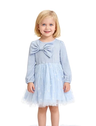 PATPAT Tüll Kleid Mädchen Blumen Kleider für Prinzessin Langarm Kinderkleid Baby Kleid mit Schleifendesign für Festlich Geburtstag Party Einschulung, Himmelblau 2 Jahre, Größen 80-90 cm von PATPAT