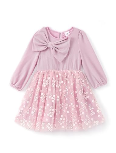 PATPAT Tüll Kleid Mädchen Blumen Kleider für Prinzessin Langarm Kinderkleid Baby Kleid mit Schleifendesign für Festlich Geburtstag Party Einschulung, Rosa 3-4 Jahre, Größen 99-104 cm von PATPAT