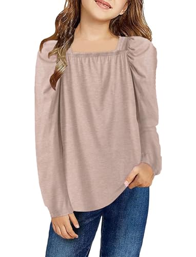 PATPAT Mädchen Langarmshirt 6-12 Jahre mit Puffärmeln und Quadrat-Ausschnitt Bequeme Bluse für Herbst und Winter,Aprikose,7-8 Jahre von PATPAT
