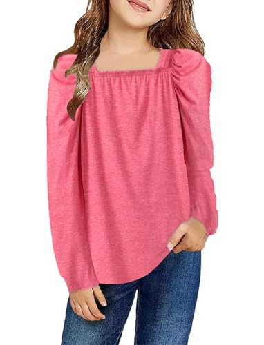 PATPAT Mädchen Langarmshirt 6-12 Jahre mit Puffärmeln und Quadrat-Ausschnitt Bequeme Bluse für Herbst und Winter,ROSA,10-11 Jahre von PATPAT