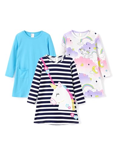 PATPAT Mädchen Nachtkleider 3er-Pack Langarm Pyjamas für Mädchen Nachthemd Einhorn Design Prinzessin Nachthemden mit Niedlichen Prints, Blau, 8-9 Jahre, 128-134 von PATPAT