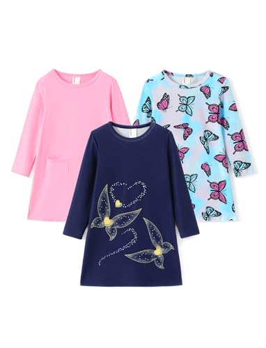 PATPAT Mädchen Nachtkleider 3er-Pack Langarm Pyjamas für Mädchen Nachthemd Einhorn Design Prinzessin Nachthemden mit Niedlichen Prints, Dunkelblau, 6-7 Jahre, 117-122 von PATPAT