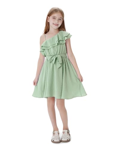 PATPAT Mädchen Eine-Schulter Kleid - Festliches Blumenmädchenkleid für Hochzeit, Fotoshooting und Urlaub - A-Linien Prinzessin Sommerkleid mit verstellbarem Gürtel und Schöne Asymmetrischen Ärmel von PATPAT