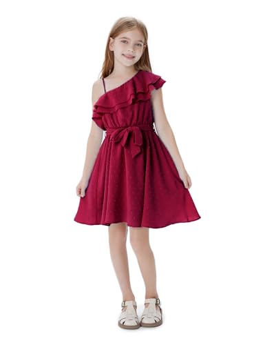 PATPAT Mädchen Eine-Schulter Kleid - Festliches Blumenmädchenkleid für Hochzeit, Fotoshooting und Urlaub - A-Linien Prinzessin Sommerkleid mit verstellbarem Gürtel und Schöne Asymmetrischen Ärmel von PATPAT
