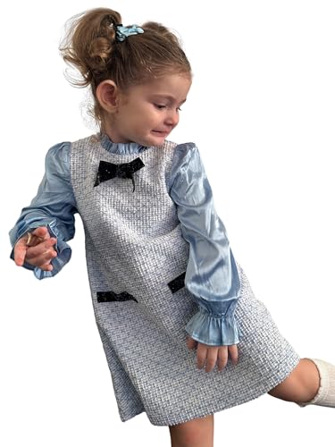 PATPAT Mädchenkleid Klassischer Tweed-Stil für Herbst/Winter, Prinzessin Kleid Langarmen und Elegantem Design, Partykleid und Einschulung-Kleid Perfekt für Teenager Mädchen, Hellblau, 8-9 Jahre von PATPAT