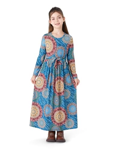 PATPAT Mädchenkleid Langarm: Maxi Prinzessin Kleid Mädchen Elegant Gemustertes Teenager Kleid Blumen & Ethno Stil KinderKleid für Festliches, Geburtstag, Fotografieren, BlauGrün 11-12 Jahre Gr.146-152 von PATPAT