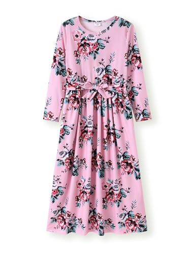 PATPAT Mädchenkleid Langarm: Maxi Prinzessin Kleid Mädchen Elegant Gemustertes Teenager Kleid Blumen & Ethno Stil Kinderkleid für Festliches, Geburtstag, Fotografieren, Rosa 8-9 Jahre Gr.128-134 von PATPAT