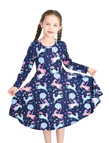 PATPAT Mädchenkleider Langarm - Prinzessin Kleid für Mädchen Grundmodell mit einzigartigem Print für Einschulung Geburtstag Party Bankett Urlaub Teenager Kleid Mädchen, Schwarz, 7-8 Jahre, 122-128 von PATPAT