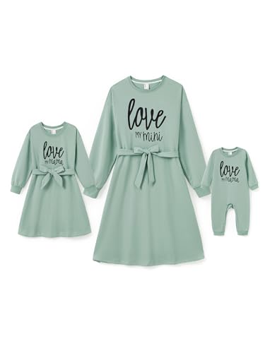 PATPAT Mutter Tochter Kleid Set Einfarbiger Buchstabendruck, Partnerlook Mama Baby Kleidung, Langarm Familien Outfit Set Für Familie und Freunde, Grün, Mädchen: 8-9 Jahre von PATPAT