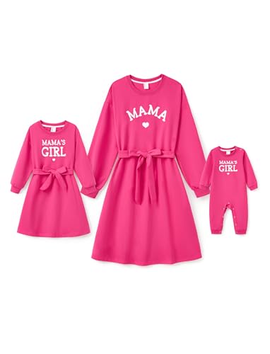 PATPAT Mutter Tochter Kleid Set Einfarbiger Buchstabendruck, Partnerlook Mama Baby Kleidung, Langarm Familien Outfit Set Für Familie und Freunde, Rosa, Damen: L von PATPAT