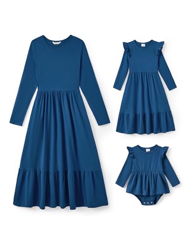 PATPAT Mutter Tochter Kleid Set Langarm Familienoutfit Set Baumwolle Mama Tochter Kleider für Mädchen und Damen, Mutter Tochter Kleidung, Mutter Baby Partnerlook, Blau, Baby: 3–6 Monate von PATPAT
