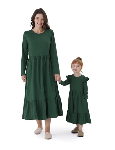 PATPAT Mutter Tochter Kleid Set Langarm Familienoutfit Set Baumwolle Mama Tochter Kleider für Mädchen und Damen, Mutter Tochter Kleidung, Mutter Baby Partnerlook, Grün, Mädchen: 9–10 Jahre von PATPAT