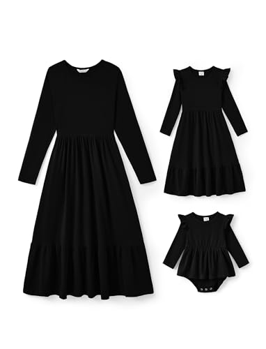 PATPAT Mutter Tochter Kleid Set Langarm Familienoutfit Set Baumwolle Mama Tochter Kleider für Mädchen und Damen, Mutter Tochter Kleidung, Mutter Baby Partnerlook, Schwarz, Mädchen: 9–10 Jahre von PATPAT