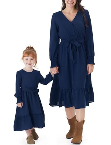 PATPAT Mutter Tochter Kleid Set Langarm Stitching Einfarbig Familienoutfits, Kleider für Mädchen Partnerlook, Mama Tochter Strandkleid, Mutter Baby Partnerlook, Blau, Mädchen: 2 Jahre von PATPAT