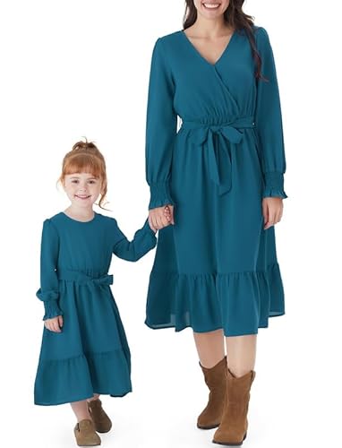 PATPAT Mutter Tochter Kleid Set Langarm Stitching Einfarbig Familienoutfits, Kleider für Mädchen Partnerlook, Mama Tochter Strandkleid, Mutter Baby Partnerlook, Grün Mädchen: 6-7 Jahre von PATPAT