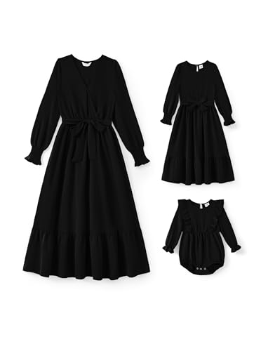 PATPAT Mutter Tochter Kleid Set Langarm Stitching Einfarbig Familienoutfits, Kleider für Mädchen Partnerlook, Mama Tochter Strandkleid, Mutter Baby Partnerlook, Schwarz, Baby Mädchen: 3-6 Monate von PATPAT