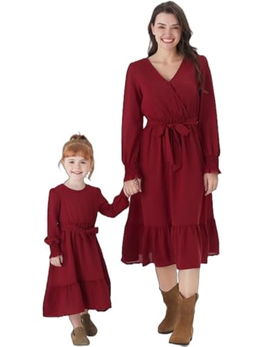 PATPAT Mutter Tochter Kleid Set Langarm Stitching Einfarbig Familienoutfits, Kleider für Mädchen Partnerlook, Mama Tochter Strandkleid, Mutter Baby Partnerlook, Weinrot Damen: S PATPAT Mutter Tochter Kleid Set Langarm Stitching Einfarbig Familienoutfits, Kleider für Mädchen Partnerlook, Mama Tochter Strandkleid, Mutter Baby Partnerlook, Weinrot Damen: S von PATPAT