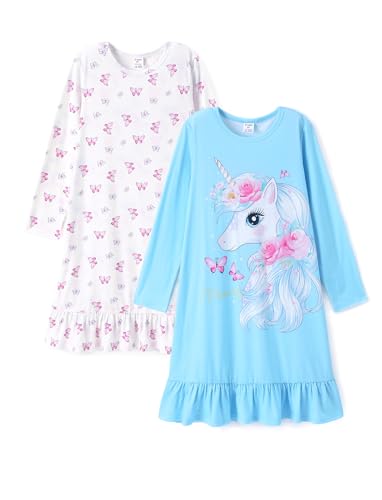 PATPAT Nachthemden für Mädchen, 2er-Pack Langarm Schlafanzug Teenager, Einhorn Design Kleid, Blau, 2 Jahre, 80-90 von PATPAT