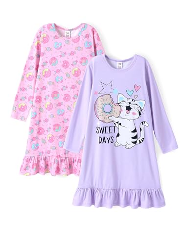 PATPAT Nachthemden für Mädchen Mädchen Kleid Einhorn Design, 34er-Pack Langarm Schlafanzug Teenager Mädchen Schlafanzug Mädchen Nachthemd Kinder, Lila, 11-12 Jahre, 146-152 von PATPAT