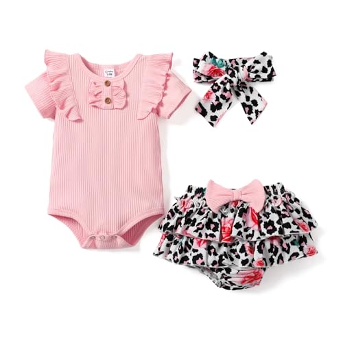 PATPAT Neugeborene Baby Mädchen Kleidung Kleinkind 2-teilig Bodysuit Sommer Baumwolle Rüschen Ärmel Strampler und Blumen Shorts Set von PATPAT