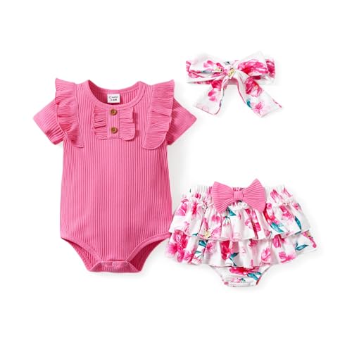 PATPAT Baby Kleidung Mädchen Neugeborenen Girl Kleidung Strampler, Baumwolle Rüschen Ärmel + Blumen Shorts Set + Stirnband Bekleidungssets 93% Cotton, 0-18 Monate Sommer von PATPAT