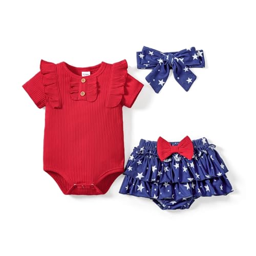 PATPAT Baby Kleidung Mädchen Neugeborenen Girl Kleidung Strampler, Baumwolle Rüschen Ärmel + Blumen Shorts Set + Stirnband Bekleidungssets 93% Cotton, 0-18 Monate Sommer von PATPAT