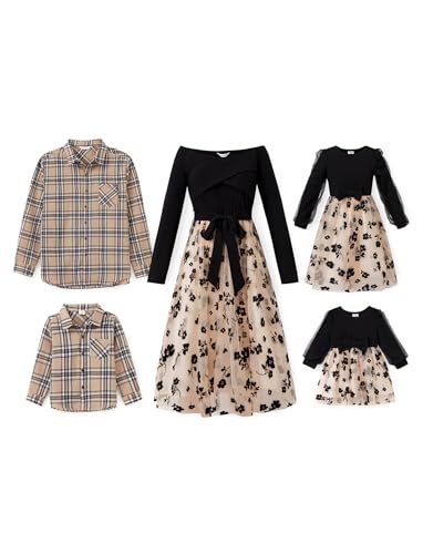 PATPAT Passendes Outfit-Set für Mütter und mich, schulterfrei, Midi-Kleid, Papa und Junge, kariert, Button-Down-Shirts, Aprikosen-Blumen, 6-7 Jahre von PATPAT
