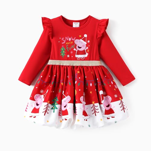 PATPAT Peppa Wutz Kleider für Kleine Mädchen Weihnachten Prinzessin Kleid Kinder Rot Langarm Kleidung Festliches Weihnachtskleid Weihnachtsoutfit Herbst Winter Outfit 2-6 Jahre 90-116 von PATPAT