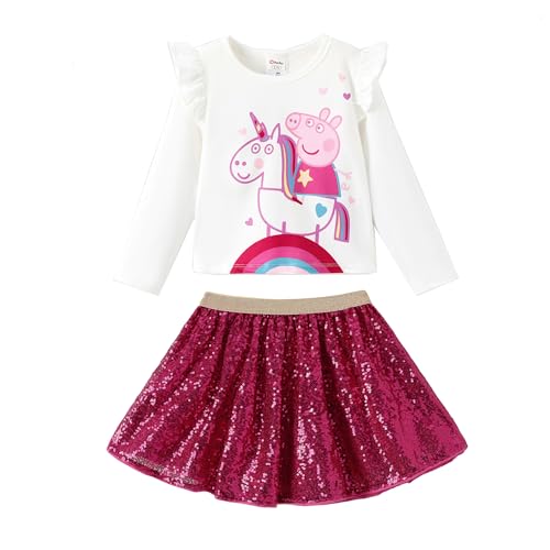 PATPAT Peppa Wutz Mädchen Bekleidungssets Weiße Langarmshirt + Rot Glitzer Rock, Kinder Herbst Winter Kleidung Peppa Pig Weihnachten Geschenke Süße Mode Pailletten Zweiteilig Outfit 2-6 Jahre 83-116 von PATPAT