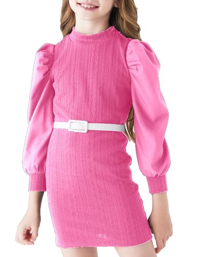 PATPAT Prinzessin Kleid Mädchen - Elegant Langarm Kleider für Mädchen, Mädchenkleider für Herbst und Winter, Adorable Teenager Partykleid mit Puffärmeln, Rosenrot, 9-10 Jahre von PATPAT