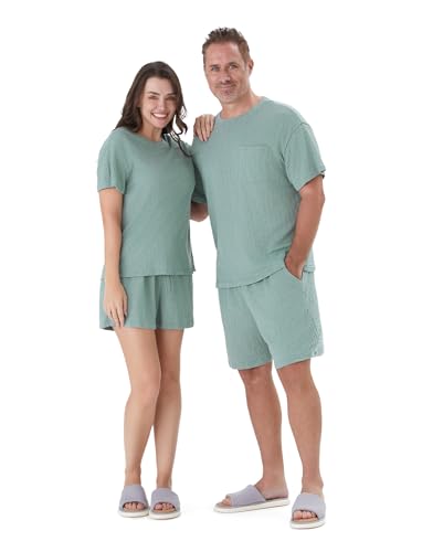 PATPAT Pyjama Set für Paare – klassischer einfarbiger Kurzarm-Shorts-Stil, Schlafanzug für Damen, Schlafanzug für Herrn, für Geschenke, Verliebte, Eltern Jungvermählten, Grau Grün,Damen, L PATPAT Pyjama Set für Paare – klassischer einfarbiger Kurzarm-Shorts-Stil, Schlafanzug für Damen, Schlafanzug für Herrn, für Geschenke, Verliebte, Eltern Jungvermählten, Grau Grün,Damen, L von PATPAT