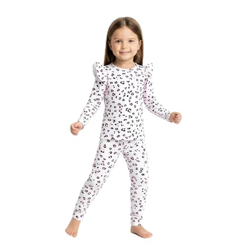 PATPAT Schlafanzug Mädchen Modal Leopardenmuster Pyjama Set mit Langarm und Rüschen-Atmungsaktiver Schlafanzug für Mädchen 2-12 Jahre,Aprikose,7 Jahre von PATPAT