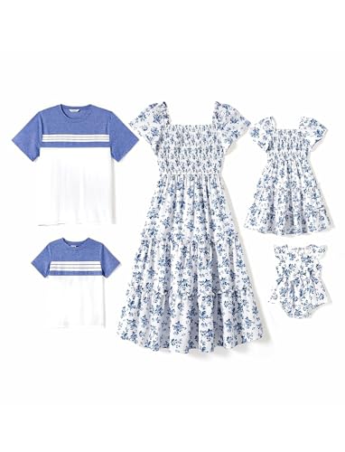 PATPAT Familien Outfits Set Kurzarm Boho-Stil, Partnerlook Mutter Tochter Kleid, Passende T-Shirt & Mutter Kind Kleider Mama Tochter Kleidung Sommer, Couple Paare Mädchen Blau Weiss 3-4 Jahre von PATPAT