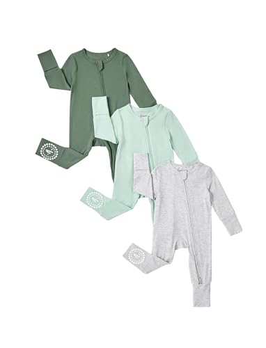 PATPAT Strampler 3er Pack für Baby Jungen 0-24 Monate Bambusviskose Schlafanzug Set mit Fuß Warme Winterkleidung,Grün,12-18 Monate von PATPAT