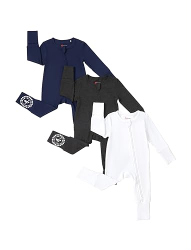 PATPAT Strampler 3er Pack für Baby Jungen 0-24 Monate Bambusviskose Schlafanzug Set mit Fuß Warme Winterkleidung,Marineblau,3-6 Monate von PATPAT