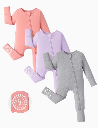 PATPAT Strampler 3er Pack für Baby Mädchen 0-24 Monate Bambusviskose Schlafanzug Set mit Niedlichen Designs,lila,3-6 Monate von PATPAT