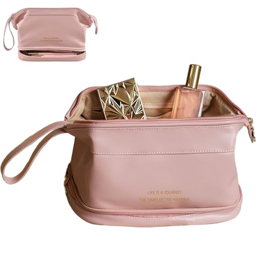 PATRECO Reise-Make-up-Tasche, doppellagig, Leder, Kulturbeutel, tragbare Kosmetiktasche für Frauen und Mädchen, Pink, 9.4*5.5*7.0 (L*W*H) inches, Modisch und geräumig von PATRECO