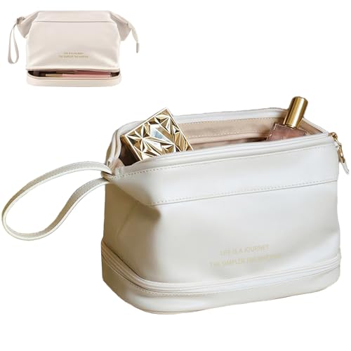 PATRECO Reise-Make-up-Tasche, doppellagig, Leder, Kulturbeutel, tragbare Kosmetiktasche für Frauen und Mädchen, Weiss/opulenter Garten, 9.4*5.5*7.0 (L*W*H) inches, Modisch und geräumig von PATRECO